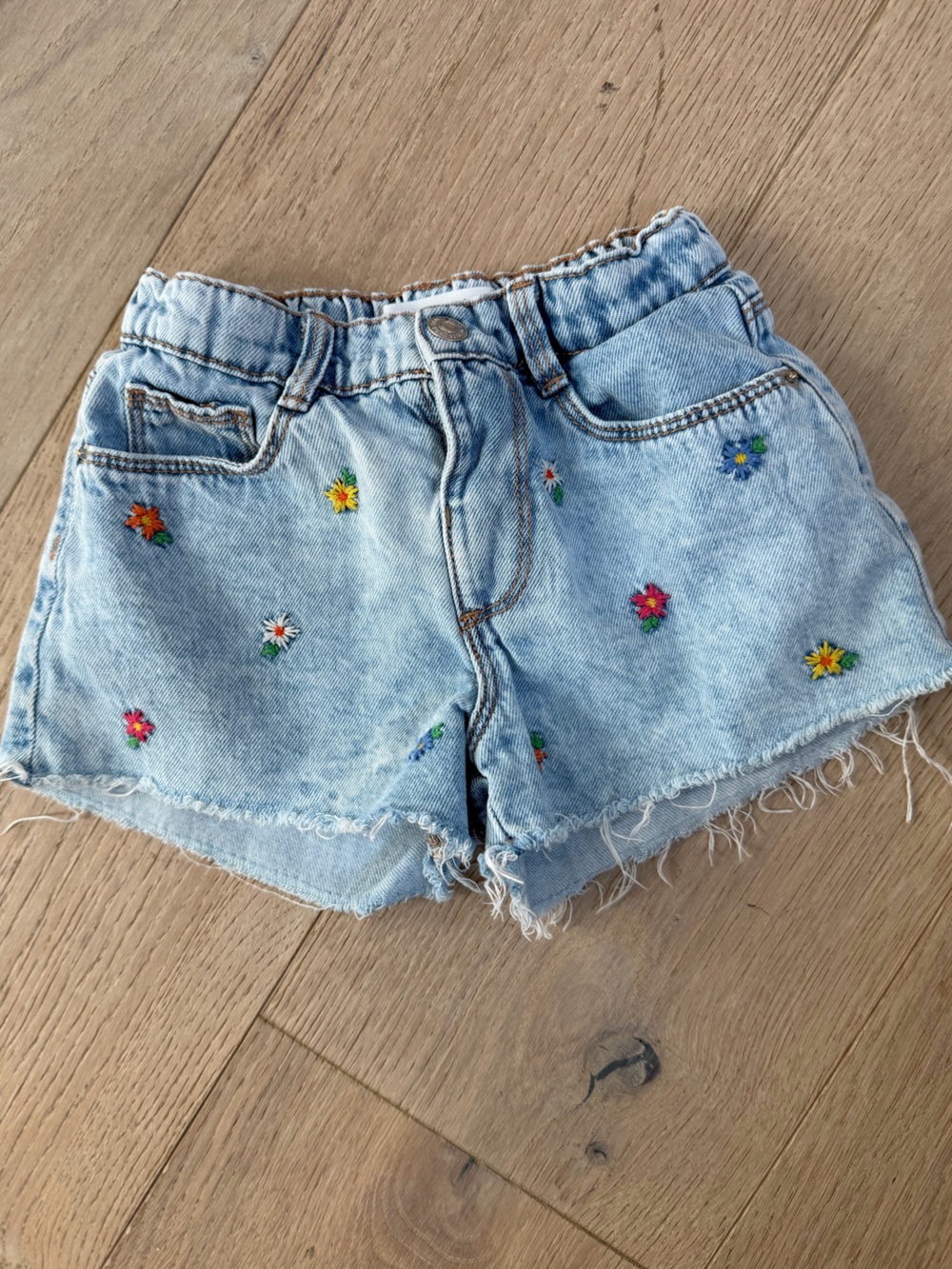 Zara Light Blue Denim Shorts with Multicolor Floral Embroidery